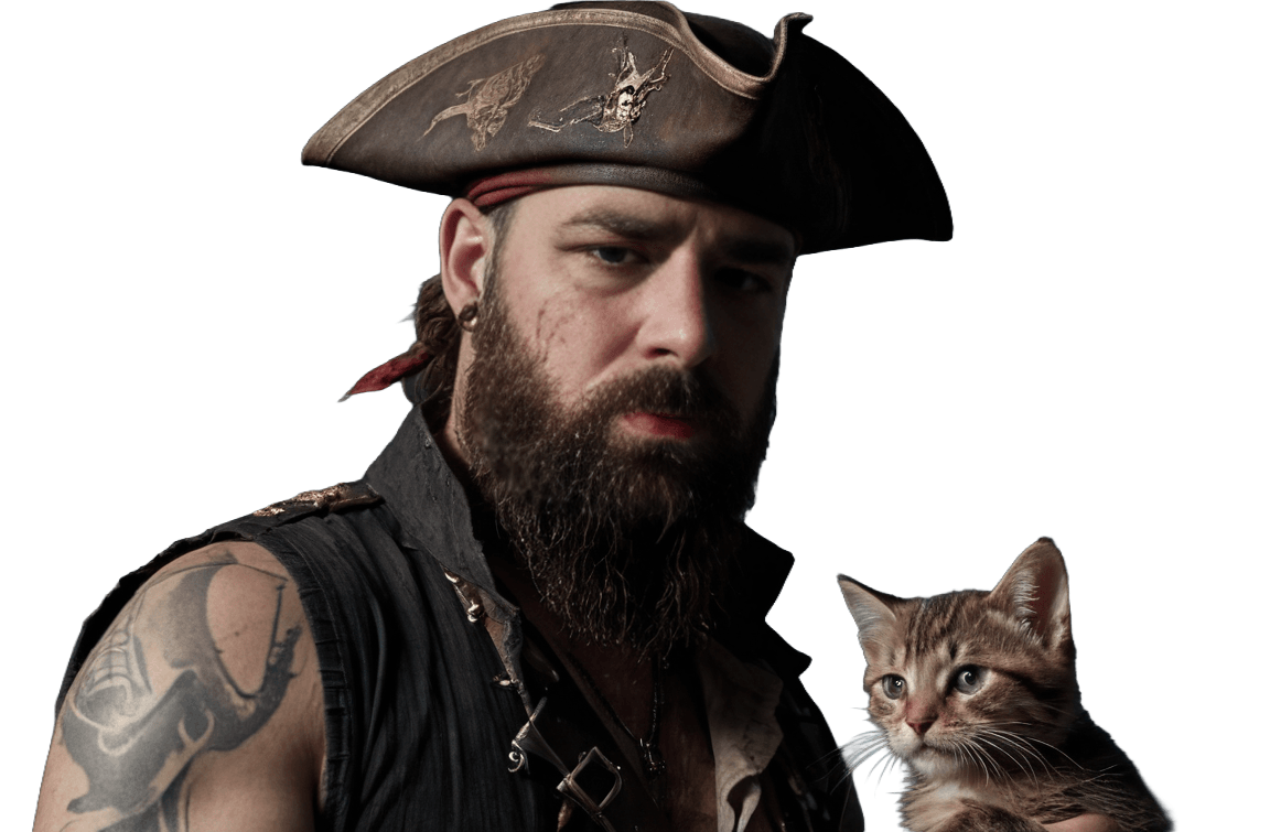 An ai generated picture of me as a pirate, holding a kitten.