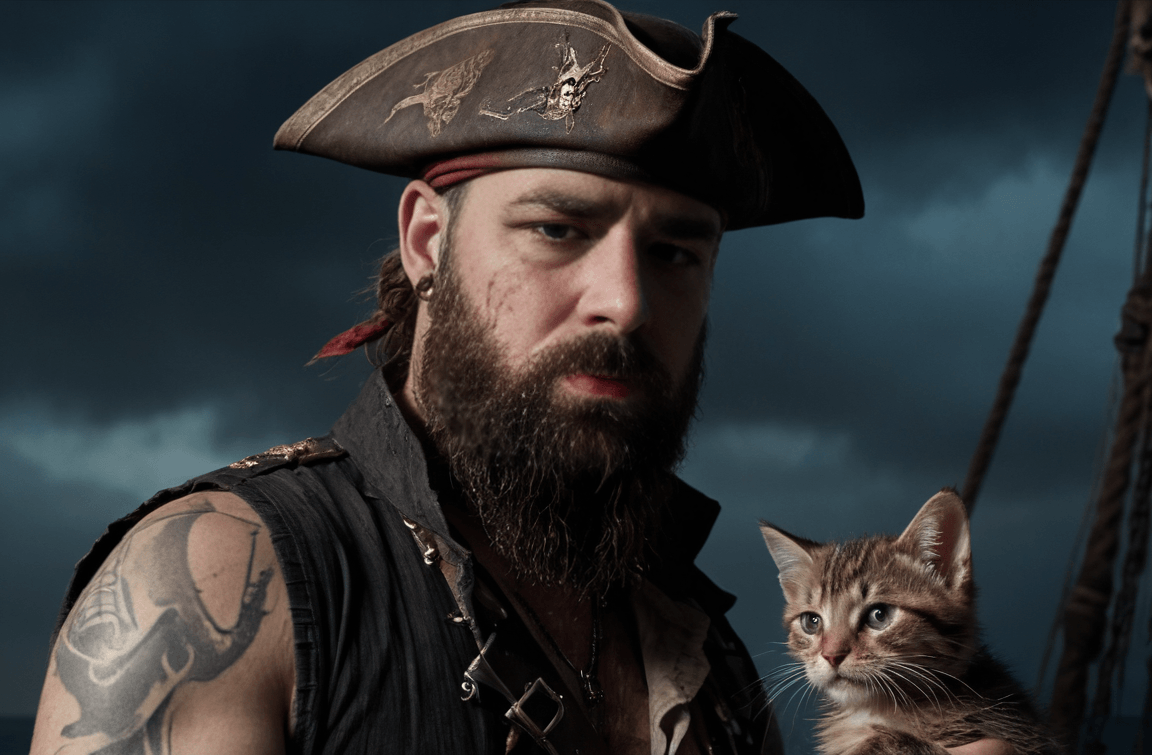 An ai generated picture of me as a pirate, holding a kitten.