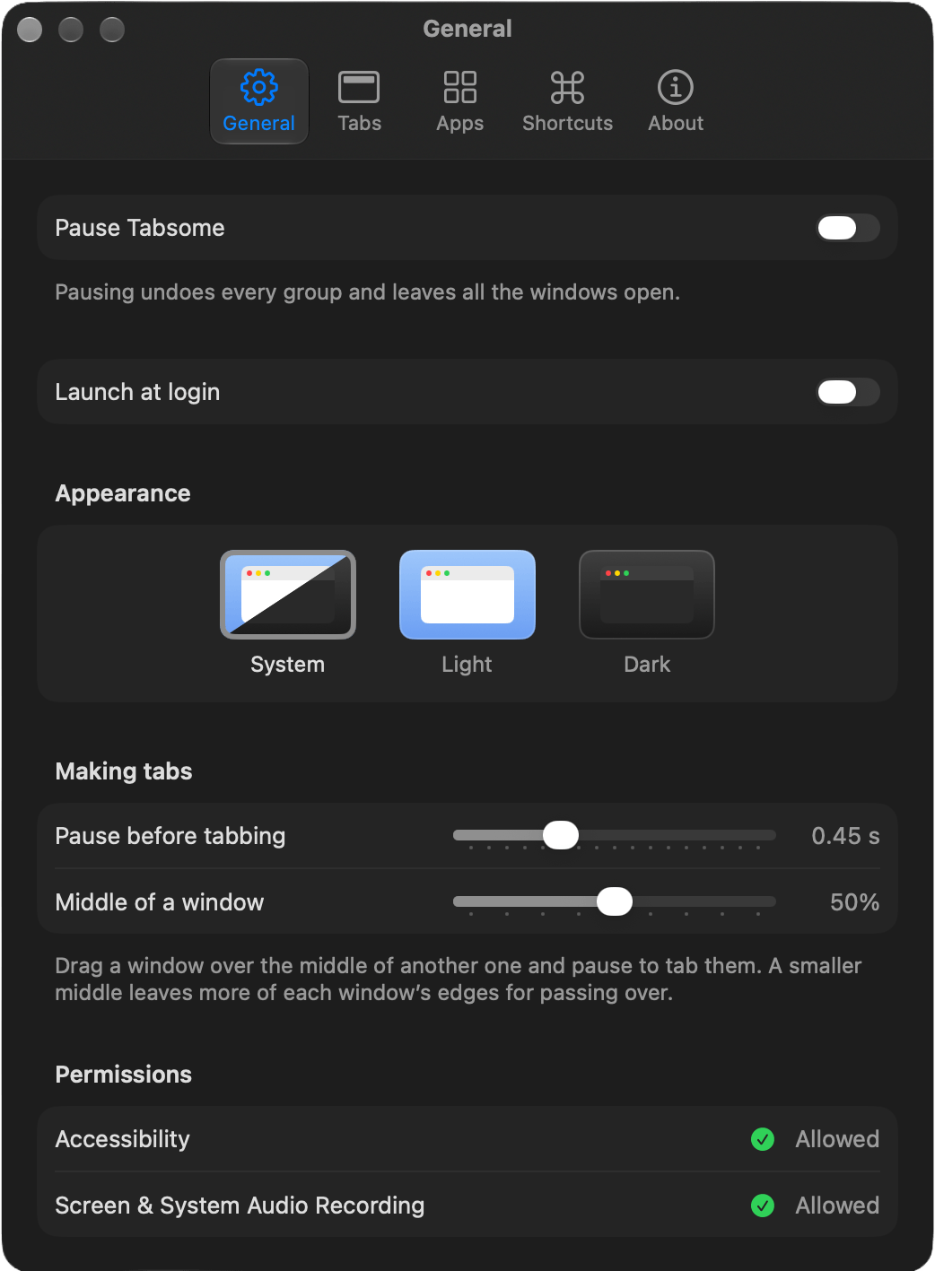 Tabsome general settings