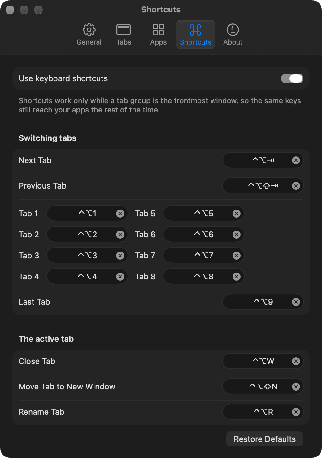 Tabsome keyboard shortcuts settings