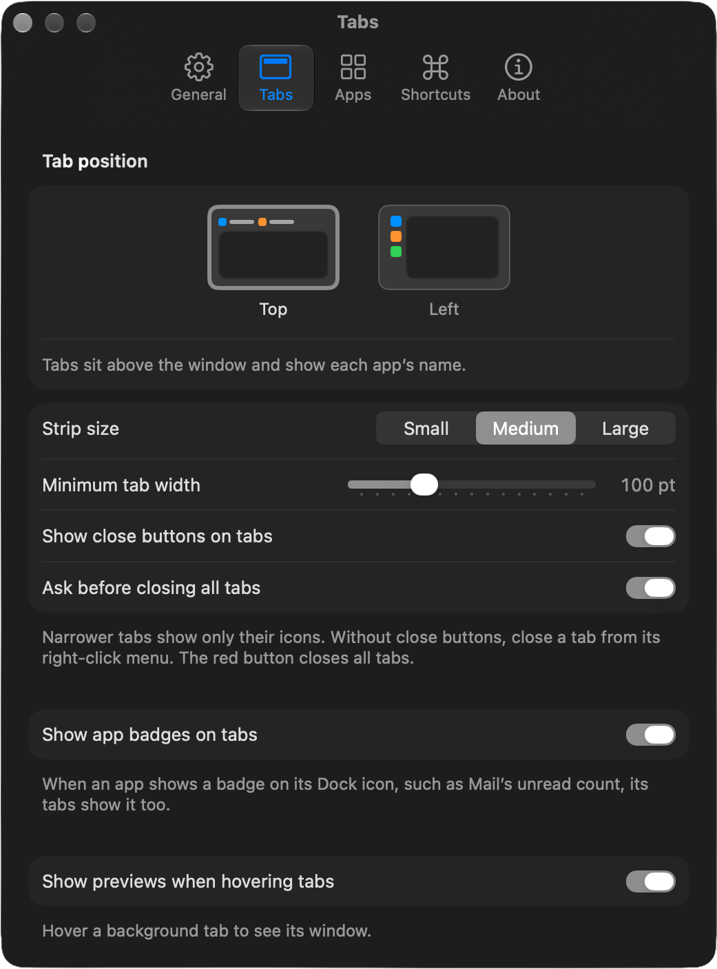 Tabsome tabs settings
