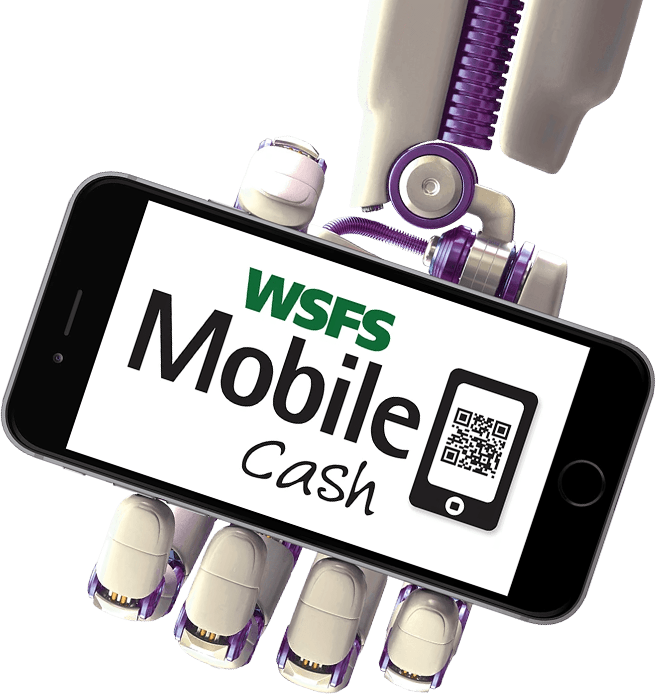 WSFS Bank Mobile Cash campaign robot holding a cellphone